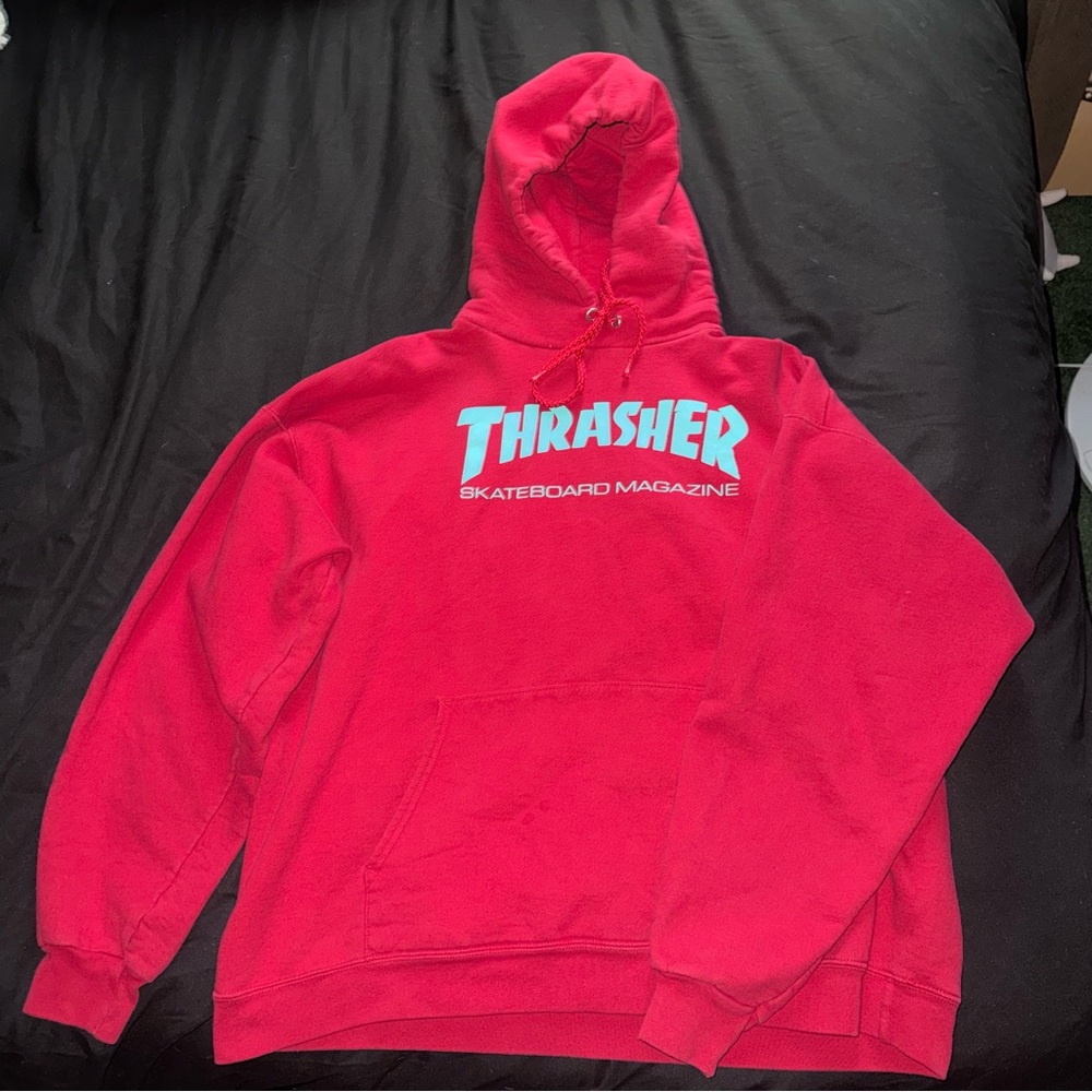 Thrasher Red Hoodie with Blue Logo